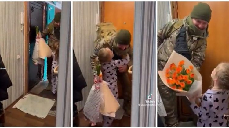 Një tjetër ushtar ukrainas me vizitë të papritur në familje, vajza “shtanget” kur para syve i shfaqet babai me rroba ushtarake
