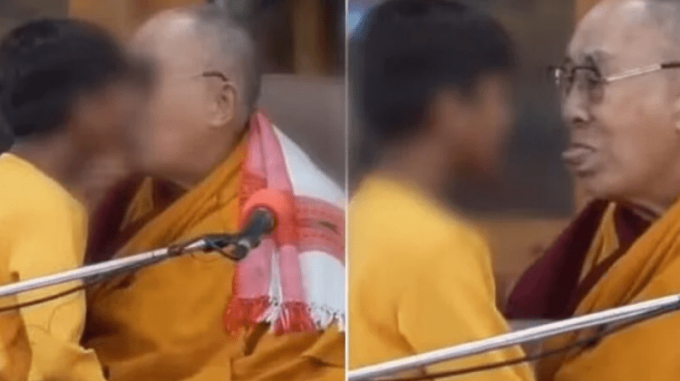 Dalai Lama puthi në gojë një djalë në publik