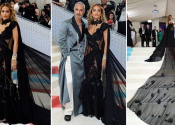 Rita Ora shfaqet me 80 mijë euro bizhuteri në Met Gala 2023, e shoqëruar nga bashkëshorti i saj Taika Waititi (Foto)