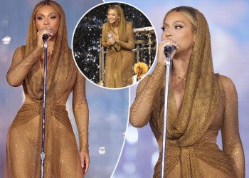 Beyonce performoi me fustan të artë dhe e mbuluar me shami