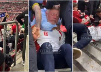 Tifozi hungarez mbajti shallin e Kosovës para mijëra tifozëve serbë, sigurimi mezi e ndali(VIDEO)