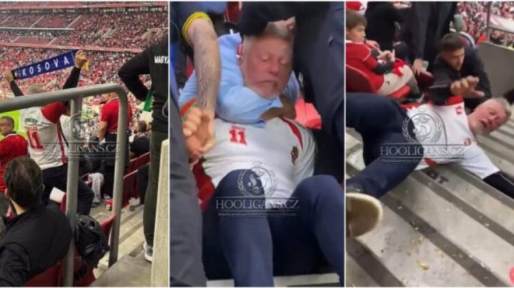 Tifozi hungarez mbajti shallin e Kosovës para mijëra tifozëve serbë, sigurimi mezi e ndali(VIDEO)