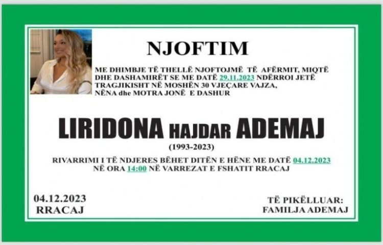 Nesër rivarroset Liridona Ademaj në fshatin e saj të lindjes