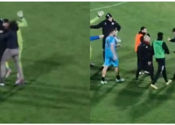 Portieri dëmtoi keq në kokë sulmuesin shqiptar, Shpendin babai i këtij të fundit futet në fushë dhje e godet portierin