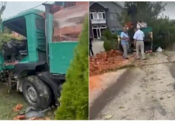 I dështojnë frenat, kamioni përplaset në oborrin e një shtëpie në Prishtinë (Video)