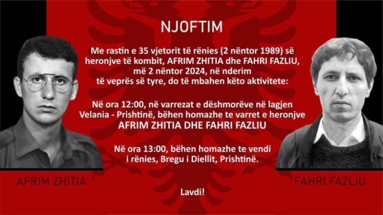 Me 2 nëntor bëhen homazhe për heronjtë e kombit, Afrim Zhitia e Fahri Fazliu