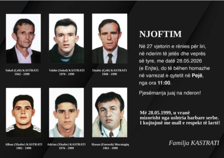 Njoftim për homazhe në kujtim të të rënëve të familjes Kastrati nga Peja